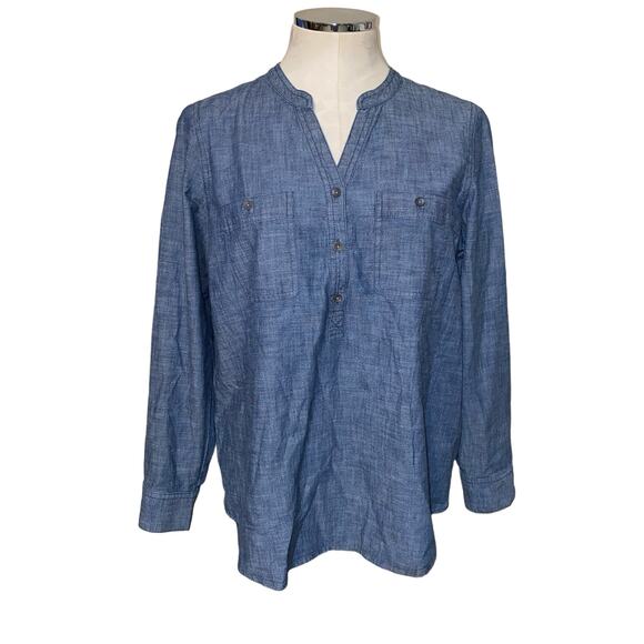 J. Jill Blue Chambray Denim Long Sleeve Tunic Top Size M Petite - Picture 1 of 9